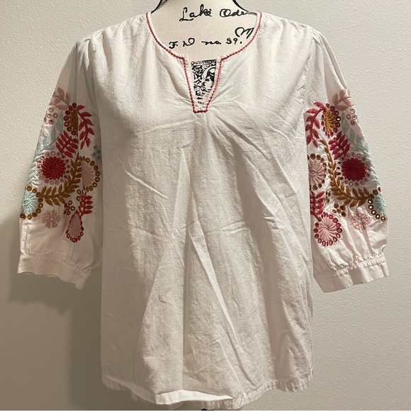 Madewell Blouse White Colorful Embroidered Popover Sleeve Hippie 70’s Vibes Sz M - Picture 4 of 15